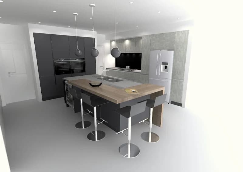 Kitchen design render showing island layout